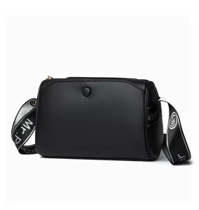 Black faux leather crossbody bag with wide strap and multi-layer zippers for daily use