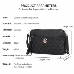 Black PU leather quilted crossbody shoulder bag with heart embroidery and stylish tassel charm.