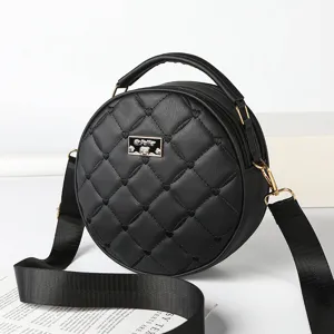 Women Fashion Round Crossbody Bag PU Leather Quilted Embroidered Small Shoulder Handbag With Top Handle Daily Chic Purse