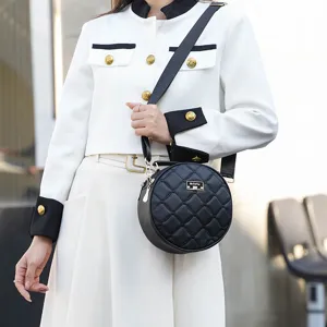 Stylish black quilted round crossbody bag for women, trendy chic shoulder purse daily use.