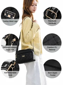 Women's black PU leather crossbody shoulder bag with adjustable strap and metal hardware details.