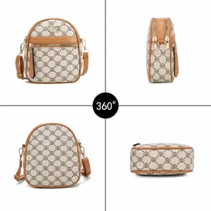 Women small vertical crossbody phone bag, vintage monogram pattern with brown leather trim