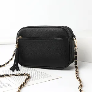 Women PU Leather Shoulder Bag Casual Solid Color Crossbody Bag With Chain And Tassel Fashion Daily Handbag