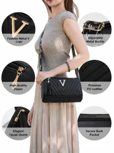 Stylish black cylindrical shoulder bag for women, premium PU leather crossbody bag with V logo.
