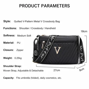 Black quilted crossbody bag with metal V logo, stylish women shoulder bag for daily use.