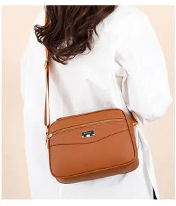 Brown PU leather crossbody bag for women, stylish small square shoulder bag with zipper.