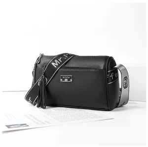Black leather pillow crossbody bag with wide strap, perfect for daily casual use.