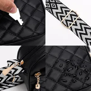 Black quilted crossbody bag for women with adjustable geometric strap and durable hardware.