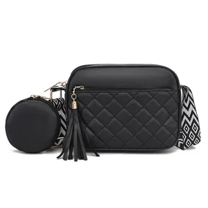 Black quilted crossbody bag with coin purse and wide strap for women daily use.