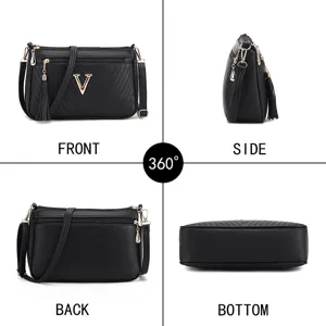 Women black shoulder bag multi-angle view crossbody bag with stylish tassel pendant
