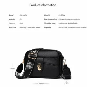 Bolso cruzado de piel PU para mujer con correa ancha, color negro elegante y casual.
