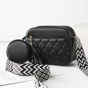 Women's PU Leather Crossbody Bag Quilted Embroidery Shoulder Bag with Tassel And Coin Purse Casual Urban Minimalist Handbag