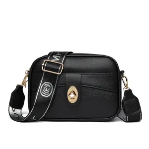 Bolso cruzado de cuero PU negro para mujer con correa ancha, bolso elegante para uso diario.