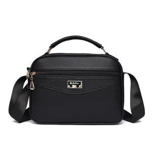 Black PU leather crossbody shoulder bag for women, stylish top handle casual handbag.