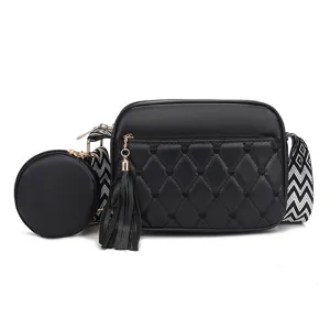 Black quilted crossbody bag for women with round coin purse, wide strap and chic tassel charm.