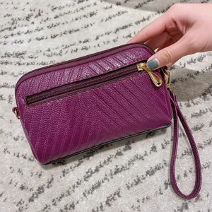 Women mini purple leather clutch bag, fashion casual shoulder crossbody wristlet bag daily use.