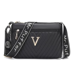 Black quilted leather women crossbody shoulder bag with metal V logo and wide printed strap
