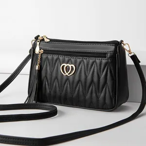 Women Fashion PU Leather Crossbody Bag Quilted Small Square Shoulder Bag With Tassel Heart Metal Decor