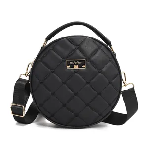 Black round quilted crossbody bag with top handle, fashion women's shoulder bag for daily use.