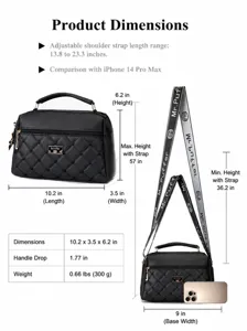 Classic quilted women handbag with adjustable strap and detailed dimension chart.