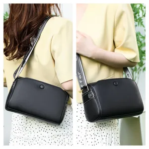 Casual black leather crossbody bag for women, large capacity multi-zipper shoulder bag.