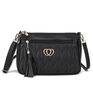 Stylish black crossbody bag for women, multi-compartment casual shoulder bag with lovely tassel.