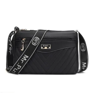 Women black PU leather crossbody shoulder bag with wide strap and metal plate daily use