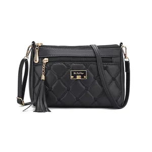 Schwarze gesteppte Umhängetasche für Damen, elegante PU-Leder Minitasche mit Quaste.
