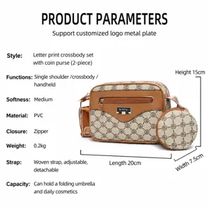 Monogram shoulder bag set for women, stylish crossbody bag with round coin purse, PVC material.
