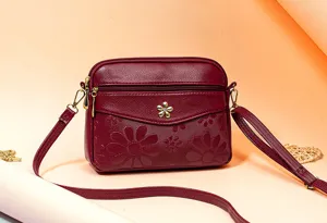 Women leather crossbody bag middle aged mother shoulder bag floral embossed messenger bag