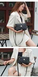 Details of the multi-layer soft leather crossbody bag featuring a stylish quilted design.