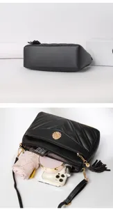 Black quilted leather shoulder bag interior capacity detail, multi-layer casual crossbody bag.