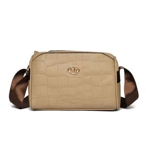 Khaki crocodile texture crossbody bag with brown strap, multi-layer detail view.