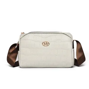 White crocodile pattern women crossbody bag, multi-layer large capacity shoulder bag detail.