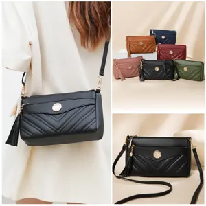 Stylish soft leather crossbody bag for women, multi-layer shoulder handbag with tassel.