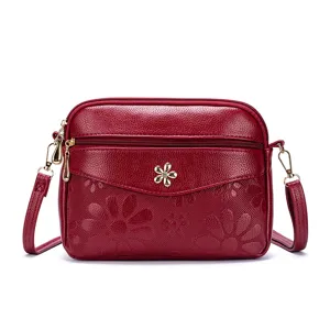 Red floral embossed women shoulder bag multi pocket stylish crossbody messenger bag daily use