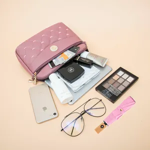 Pink quilted heart embroidered PU leather cosmetic bag large capacity stylish women handbag