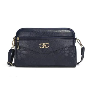 Women multi-layer crossbody bag dark blue pebbled leather shoulder handbag stylish