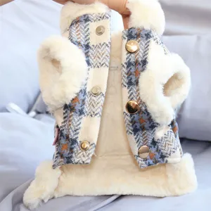Warm winter dog vest with cozy fleece lining and stylish plaid pattern for small pets main view.