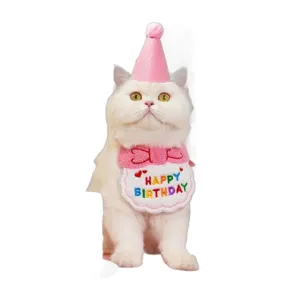 Cute pet birthday party costume set with pink cone hat and embroidered bib for cats and dogs.
