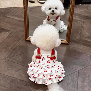 Süßes Sommer Hunde Kleid mit Kirschmuster, atmungsaktive fluffige Welpen Prinzessin Kleidung