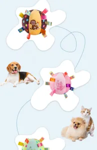 Cute plush pet squeaky toy ball with colorful ribbons and cute animal embroidery for dogs.