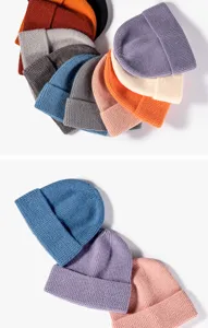 Detailed view of stylish autumn winter knit beanie hats in various solid colors for daily wear.