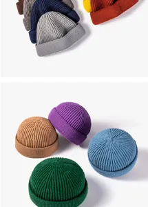 Solid color knitted docker hat winter warm beanie stylish roll-edge retro fisherman hat