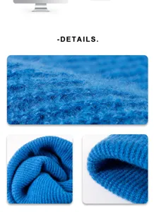 Blue knitted beanie detail close-up showing soft textured fabric and cozy ribbed cuff design.