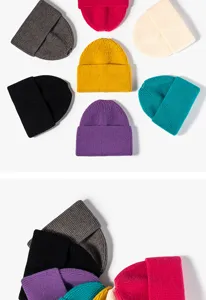 Detailed view of colorful solid knit ponytail beanies, soft winter warm woolen caps.