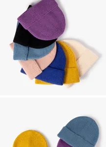 Colorful knitted beanie hat for winter, warm rolled cuff woolen cap, casual unisex daily wear.