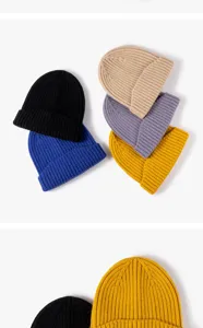 Women's autumn winter knitted beanie warm wool blend stylish ribbed solid color fashion hat