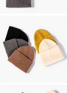 Winter warm knit beanie hat detail showing multiple colors, soft ribbed fabric, casual style.