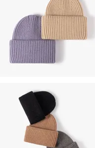 Thick warm knit beanie hat, cozy winter ribbed skull cap for men and women, solid color detail